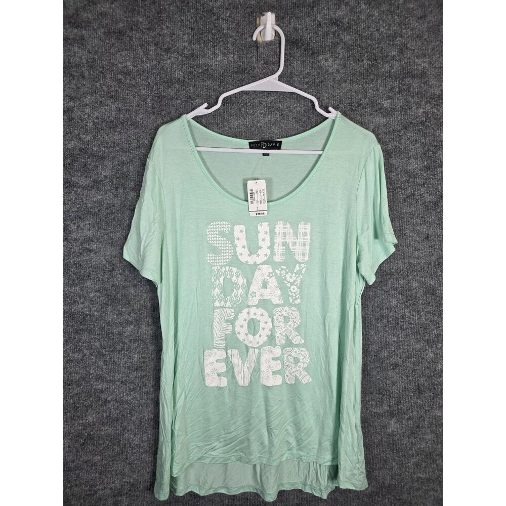 Fred David Shirt Womens Large Mint Green Sunday Forever Graphic Scoop Neck Rayon